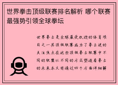 世界拳击顶级联赛排名解析 哪个联赛最强势引领全球拳坛
