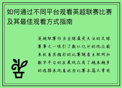 如何通过不同平台观看英超联赛比赛及其最佳观看方式指南